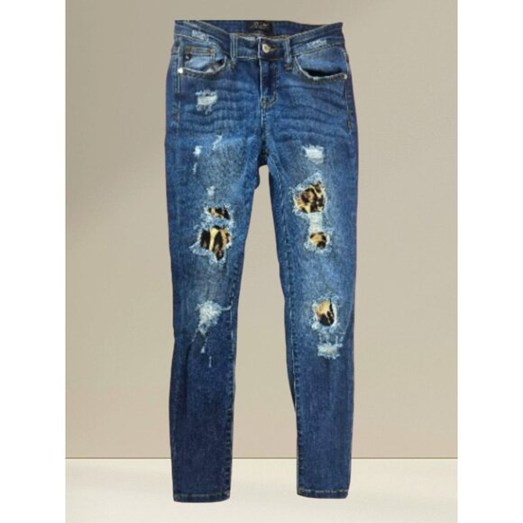 Judy Blue Distressed Skinny Fit Jeans 3/26 (28 x 28.5) - Leopard Print Patches - Picture 1 of 11
